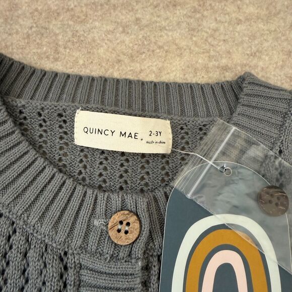 Quincy Mae gray pointelle knit cardigan sweater NEW Kids 2/3 puff sleeve organic - Picture 3 of 8